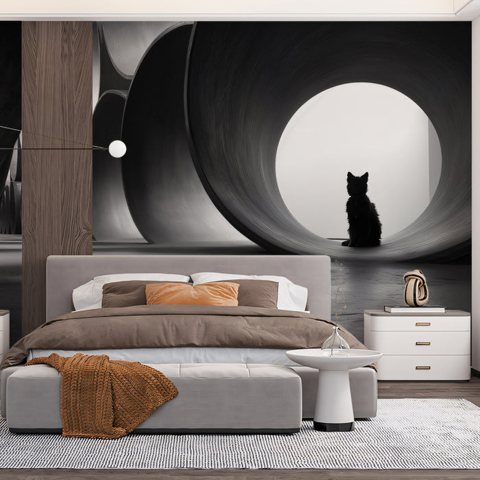 Monochromatic Cat Silhouette and Pipes Wall Mural Custom Size, Peel and Stick or Non-Woven, Minimalist Pet Wallpaper for Bed or Living Room