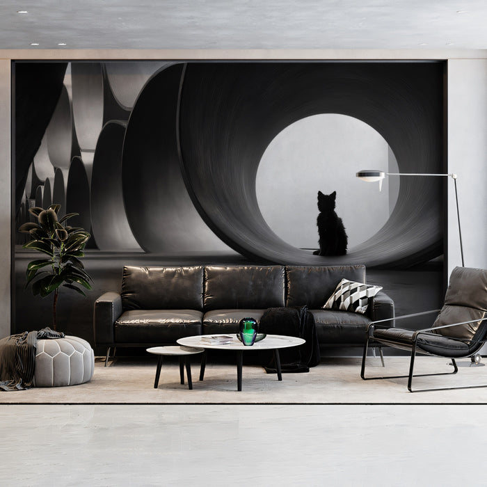 Monochromatic Cat Silhouette and Pipes Wall Mural Custom Size, Peel and Stick or Non-Woven, Minimalist Pet Wallpaper for Bed or Living Room