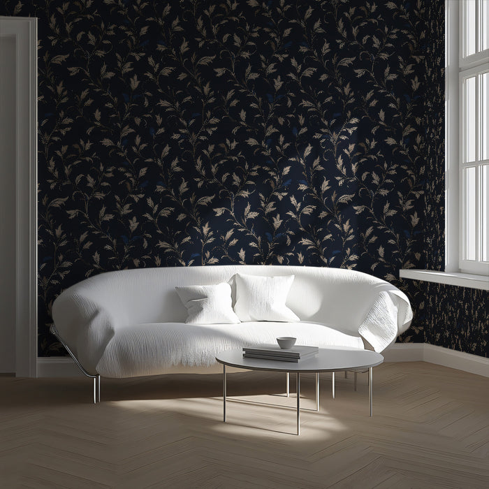 Elegant Navy and Cream Trailing Vine Wall Mural Custom Size, Peel and Stick or Non-Woven, Classic Botanical Pattern Wallpaper for Study or Dining Room