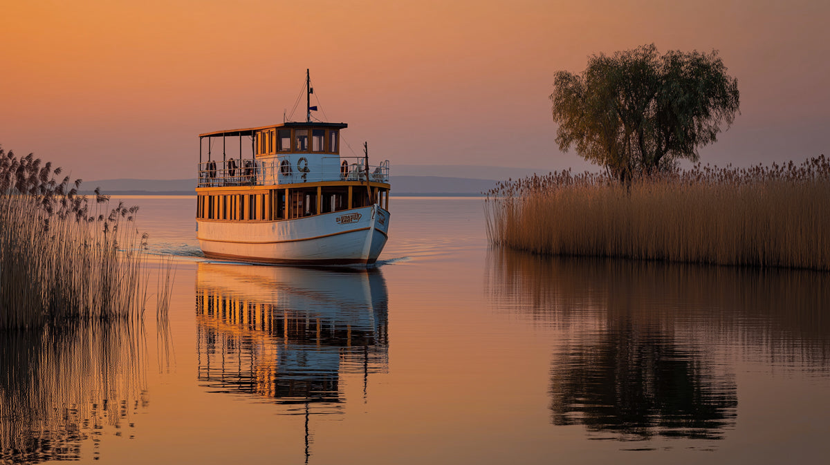 Serene Sunset Lake and Tour Boat Wall Mural Custom Size, Peel and Stick or Non-Woven, Peaceful Landscape Wallpaper for Living Room or Bedroom