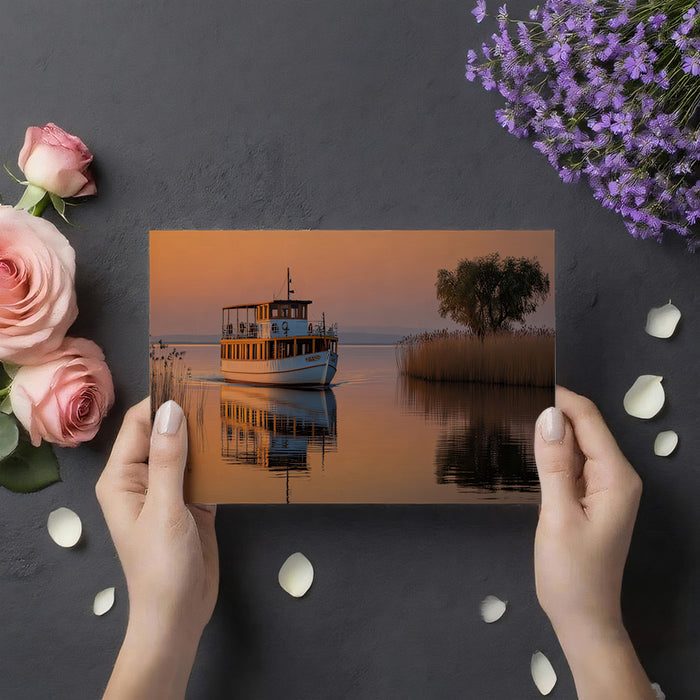 Serene Sunset Lake and Tour Boat Wall Mural Custom Size, Peel and Stick or Non-Woven, Peaceful Landscape Wallpaper for Living Room or Bedroom