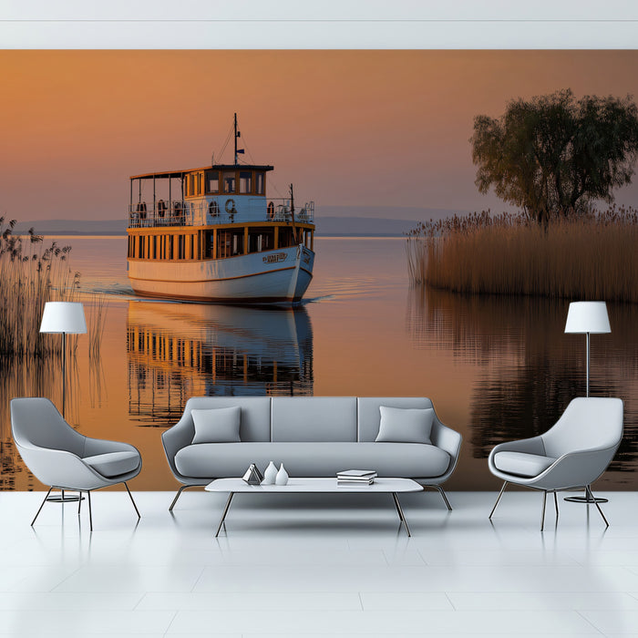 Serene Sunset Lake and Tour Boat Wall Mural Custom Size, Peel and Stick or Non-Woven, Peaceful Landscape Wallpaper for Living Room or Bedroom