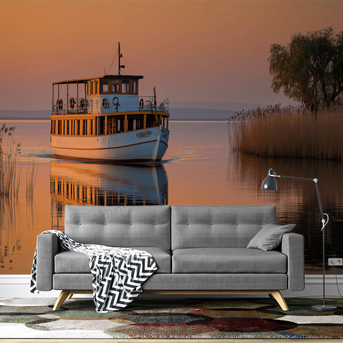 Serene Sunset Lake and Tour Boat Wall Mural Custom Size, Peel and Stick or Non-Woven, Peaceful Landscape Wallpaper for Living Room or Bedroom
