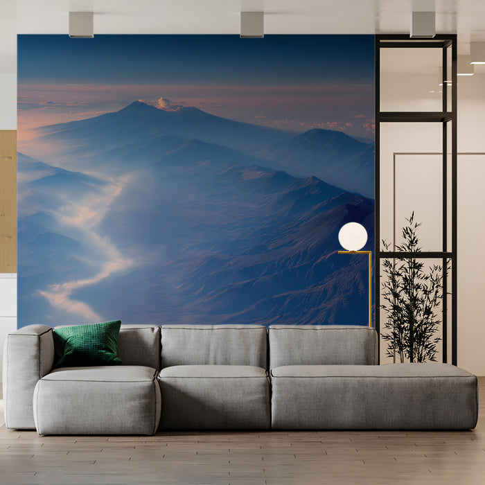 Majestic Volcanic Mountain Range Above Clouds Wall Mural Custom Size, Peel and Stick or Non-Woven, Breathtaking Sunrise Landscape Wallpaper for an entryway or commercial space