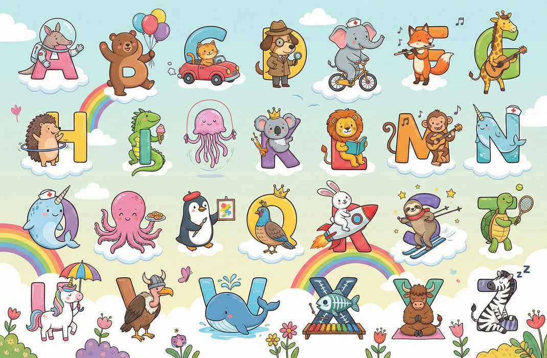 Cheerful Animal Alphabet Educational Wall Mural Custom Size, Peel and Stick or Non-Woven, Cute ABC Nursery Wallpaper for Kids Room and Playroom