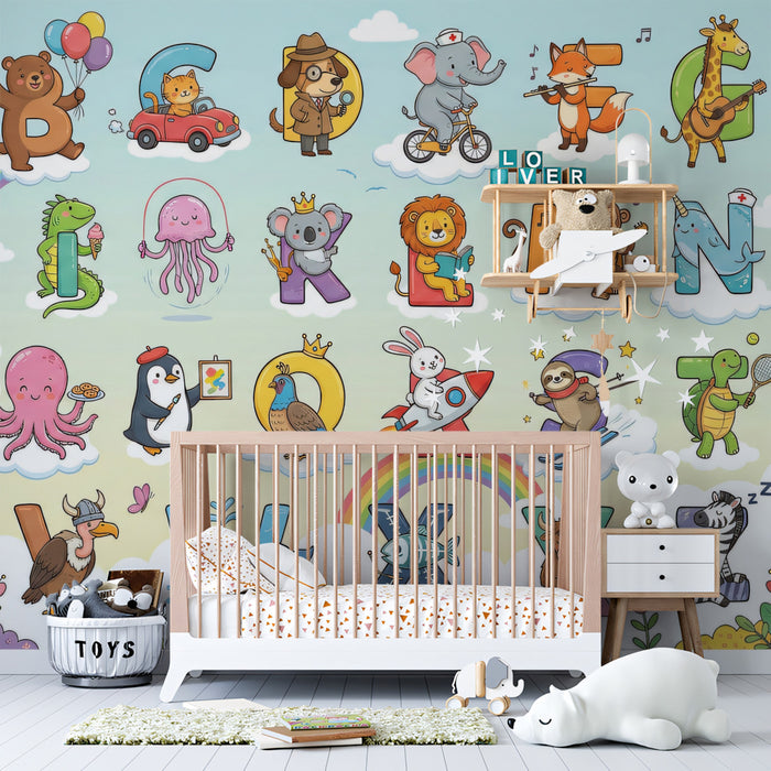Cheerful Animal Alphabet Educational Wall Mural Custom Size, Peel and Stick or Non-Woven, Cute ABC Nursery Wallpaper for Kids Room and Playroom
