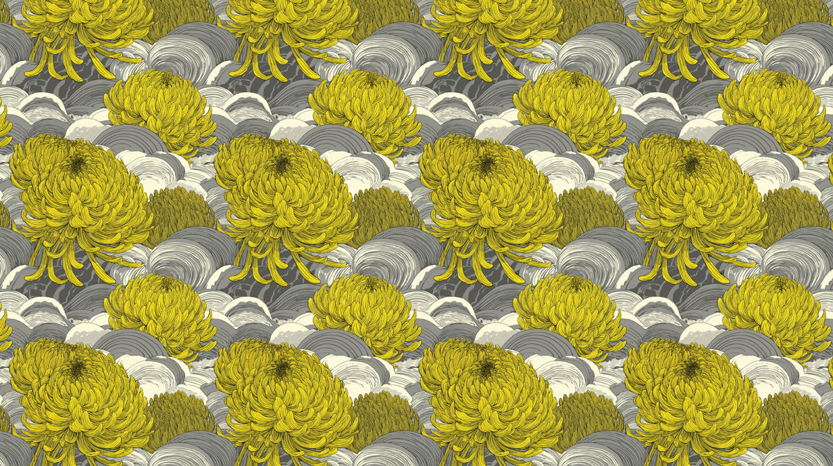 Vibrant Yellow Chrysanthemum Wave Pattern Wall Mural Custom Size, Peel and Stick or Non-Woven, Asian Traditional Art Wallpaper for Commercial Space or Dining Room