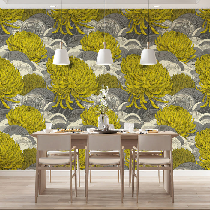 Vibrant Yellow Chrysanthemum Wave Pattern Wall Mural Custom Size, Peel and Stick or Non-Woven, Asian Traditional Art Wallpaper for Commercial Space or Dining Room