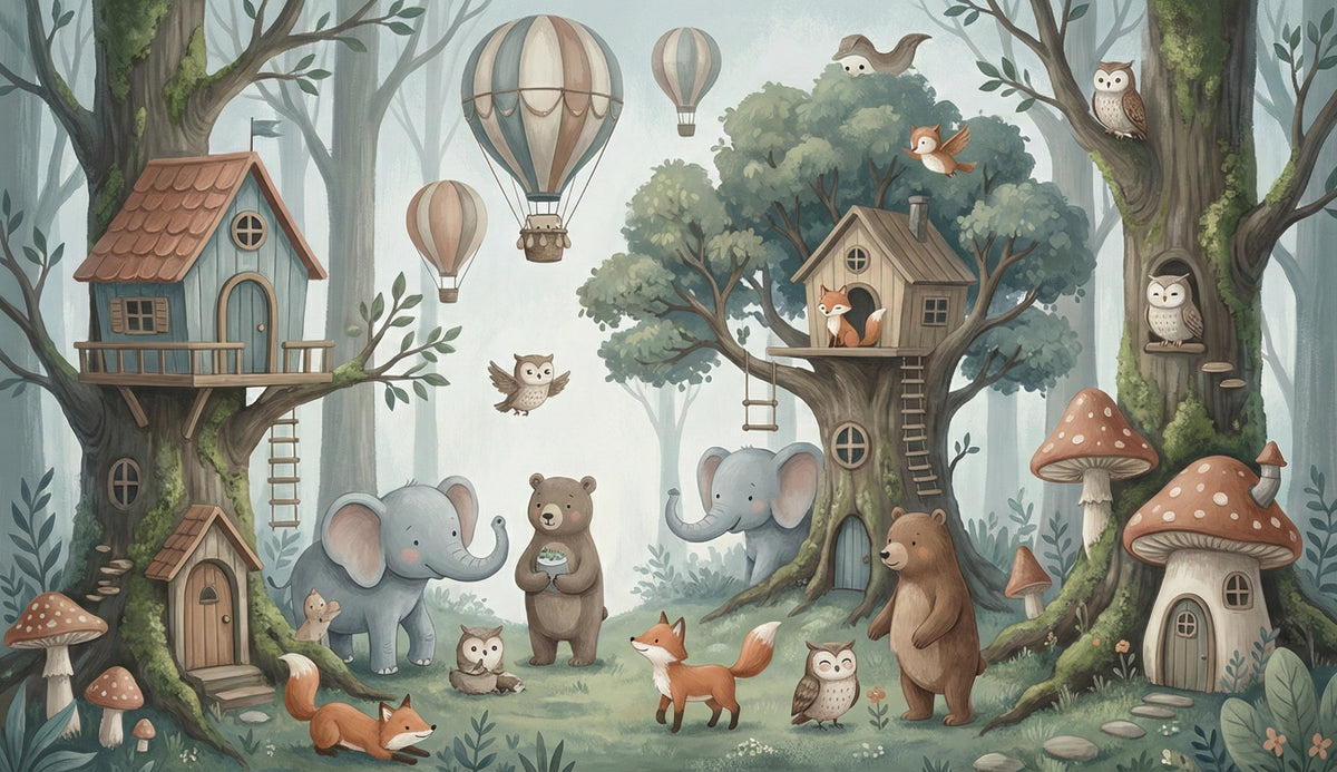 Enchanted Woodland Treehouse and Animals Wall Mural Custom Size, Peel and Stick or Non-Woven, Pastel Forest Wallpaper for Nursery Playroom or Kids Room
