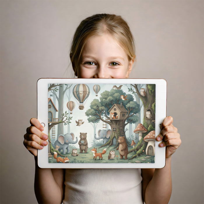 Enchanted Woodland Treehouse and Animals Wall Mural Custom Size, Peel and Stick or Non-Woven, Pastel Forest Wallpaper for Nursery Playroom or Kids Room