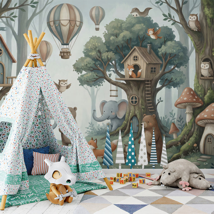 Enchanted Woodland Treehouse and Animals Wall Mural Custom Size, Peel and Stick or Non-Woven, Pastel Forest Wallpaper for Nursery Playroom or Kids Room