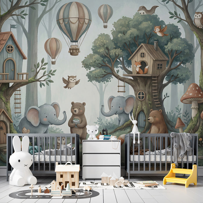 Enchanted Woodland Treehouse and Animals Wall Mural Custom Size, Peel and Stick or Non-Woven, Pastel Forest Wallpaper for Nursery Playroom or Kids Room