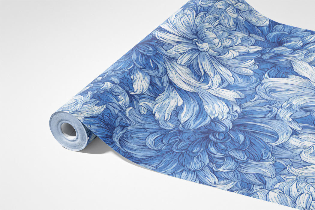 Classic Blue and White Floral Bloom Wall Mural Custom Size, Peel and Stick or Non-Woven, Elegant Porcelain Pattern Wallpaper for Office or Meeting Room or Entryway