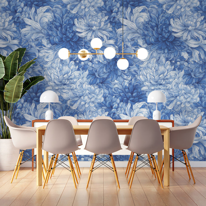 Classic Blue and White Floral Bloom Wall Mural Custom Size, Peel and Stick or Non-Woven, Elegant Porcelain Pattern Wallpaper for Office or Meeting Room or Entryway