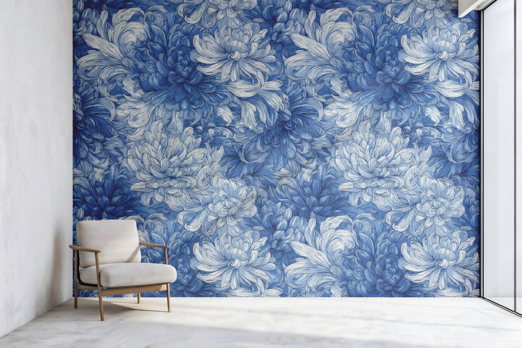 Classic Blue and White Floral Bloom Wall Mural Custom Size, Peel and Stick or Non-Woven, Elegant Porcelain Pattern Wallpaper for Office or Meeting Room or Entryway