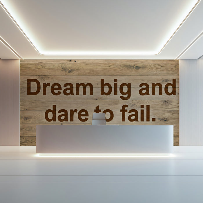 Close up of motivational wood grain mural installed in a modern home office with desk