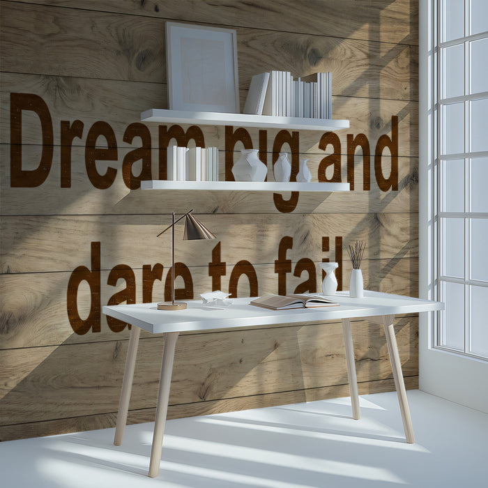Modern teen bedroom wall featuring rustic timber quote mural above a study desk