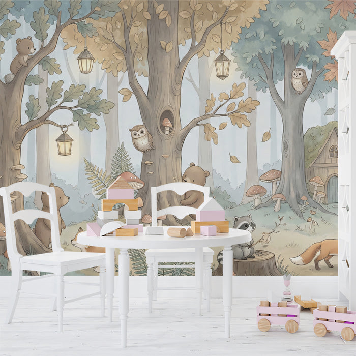 Magical Woodland Fairy Village Wall Mural Custom Size, Peel and Stick or Non-Woven, Storybook Forest Wallpaper for Nursery, Kids Room and Playroom