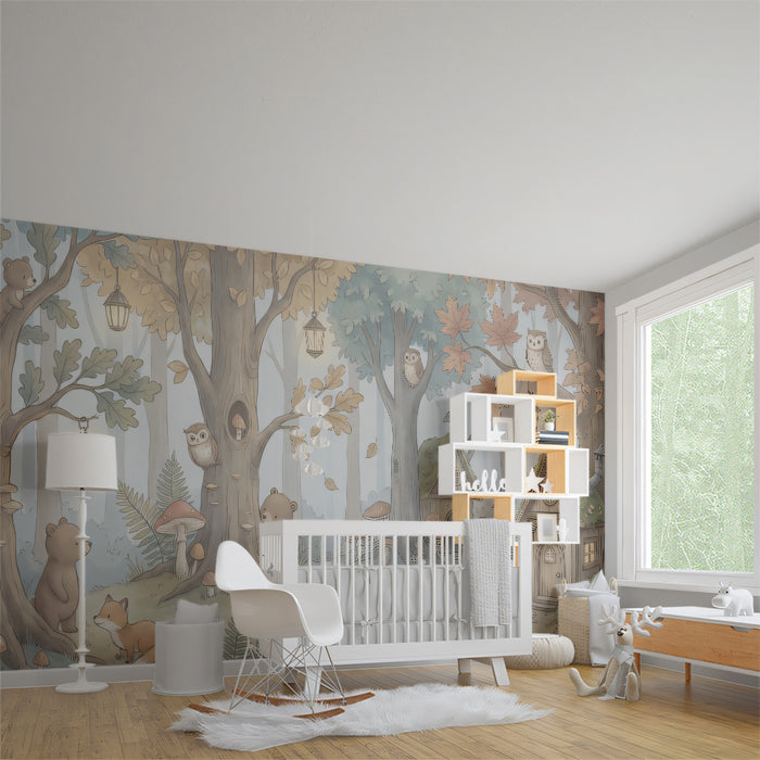 Magical Woodland Fairy Village Wall Mural Custom Size, Peel and Stick or Non-Woven, Storybook Forest Wallpaper for Nursery, Kids Room and Playroom