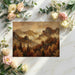 Rustic oil painting mural of mountains and pine trees applied to the wall of a formal dining room.
