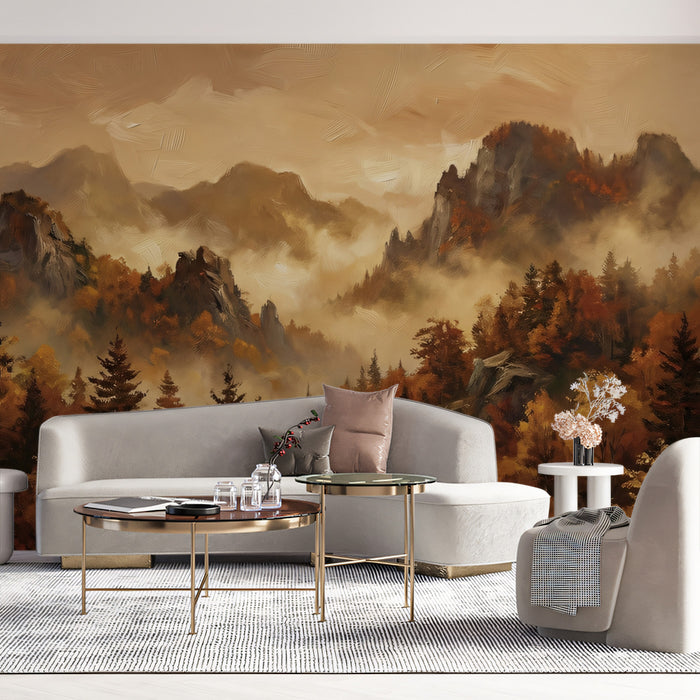 Panoramic mountain landscape mural behind a minimalist dark wood desk in a cozy home office.