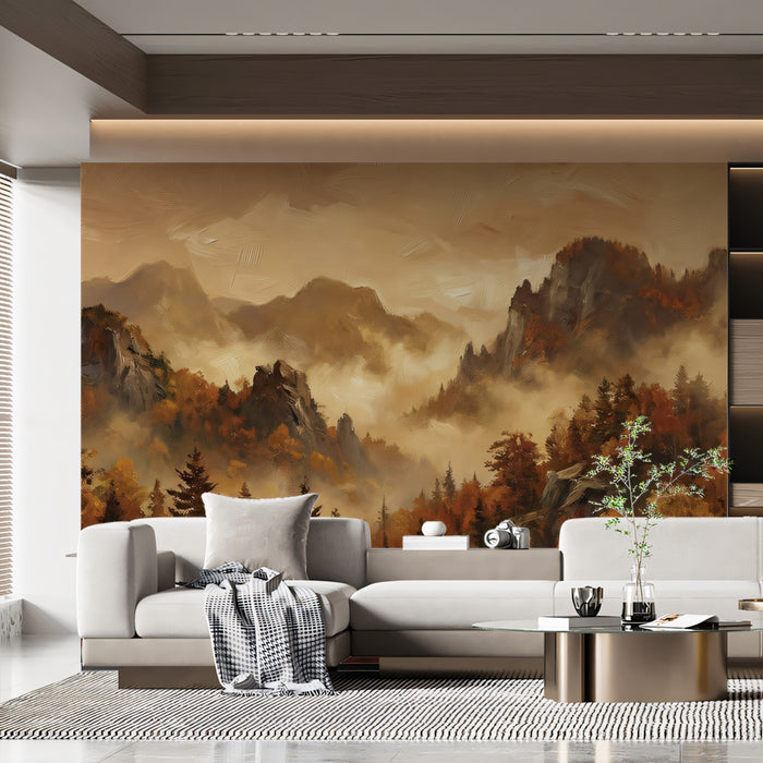 Moody autumnal mountain forest mural installed as a feature wall in a sophisticated master bedroom.