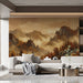 Moody autumnal mountain forest mural installed as a feature wall in a sophisticated master bedroom.