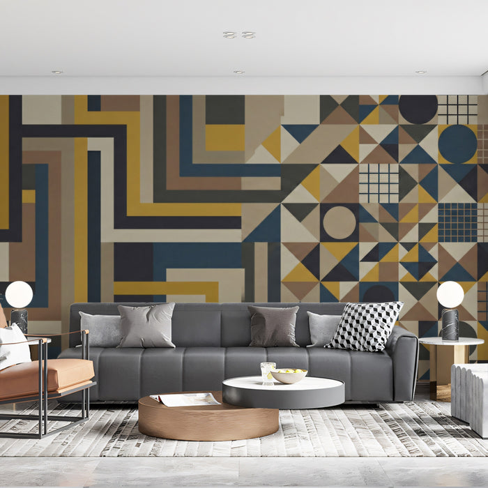 Mid-Century Modern Geometric Maze Wall Mural Custom Size, Peel and Stick or Non-Woven, Retro Abstract Pattern Wallpaper for Office or Living Room