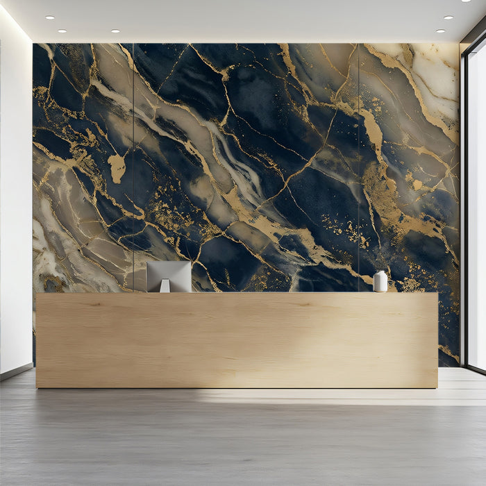 Dramatic Navy Blue and Gold Marble Texture Wall Mural Custom Size, Peel and Stick or Non-Woven, Luxurious Dark Stone Wallpaper for Living Room or Reception