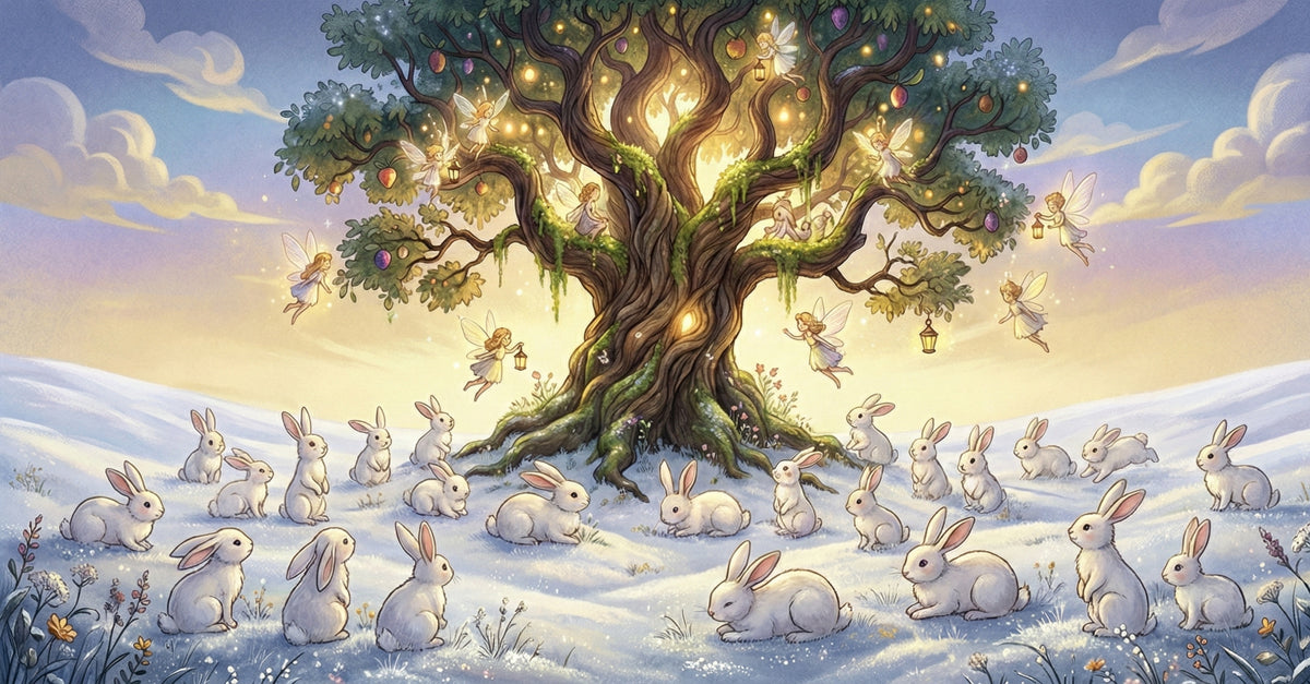 Magical Winter Fairy Tree and Rabbits Wall Mural Custom Size, Peel and Stick or Non-Woven, Enchanted Forest Wallpaper for Nursery and Kids Room