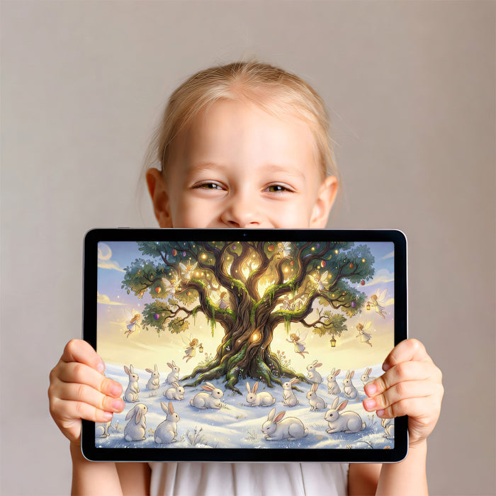 Magical Winter Fairy Tree and Rabbits Wall Mural Custom Size, Peel and Stick or Non-Woven, Enchanted Forest Wallpaper for Nursery and Kids Room