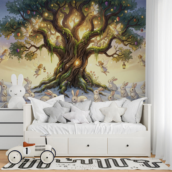 Magical Winter Fairy Tree and Rabbits Wall Mural Custom Size, Peel and Stick or Non-Woven, Enchanted Forest Wallpaper for Nursery and Kids Room