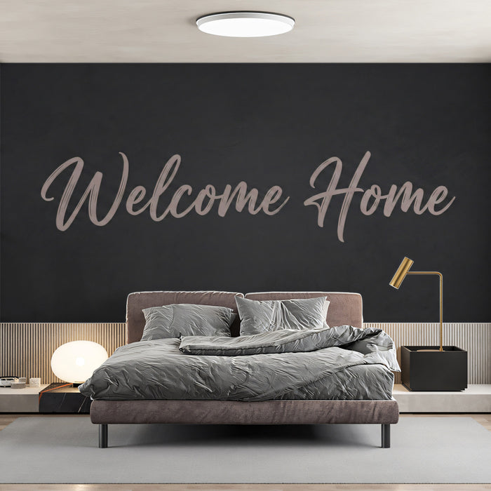 Modern entryway design with dark minimalist script mural wallpaper