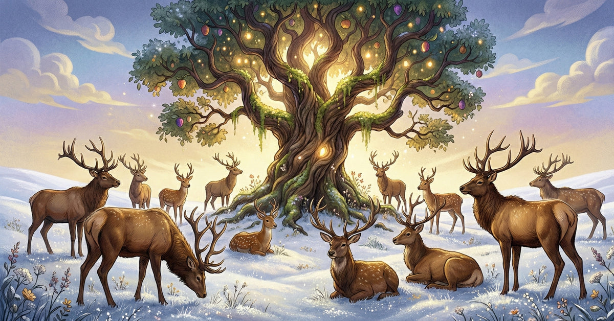 Enchanted Winter Glowing Tree and Deer Wall Mural Custom Size, Peel and Stick or Non-Woven, Magical Forest Wallpaper for Kids Room or Nursery