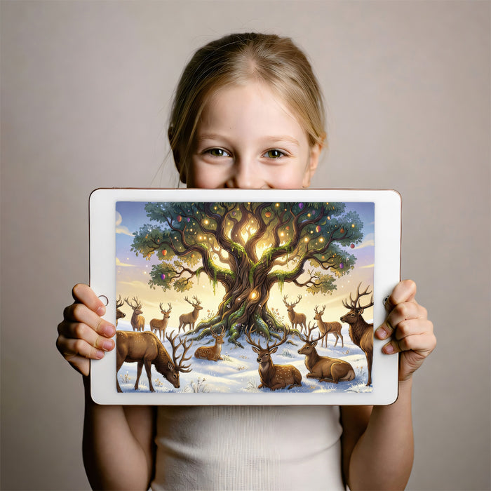 Enchanted Winter Glowing Tree and Deer Wall Mural Custom Size, Peel and Stick or Non-Woven, Magical Forest Wallpaper for Kids Room or Nursery