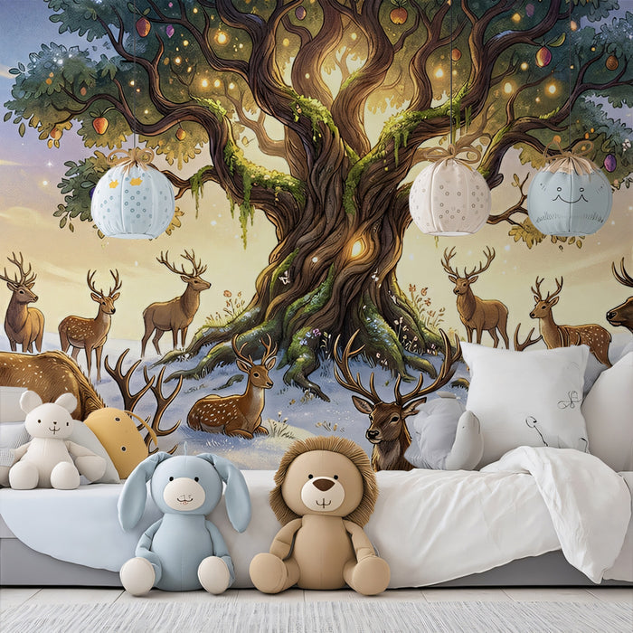 Enchanted Winter Glowing Tree and Deer Wall Mural Custom Size, Peel and Stick or Non-Woven, Magical Forest Wallpaper for Kids Room or Nursery