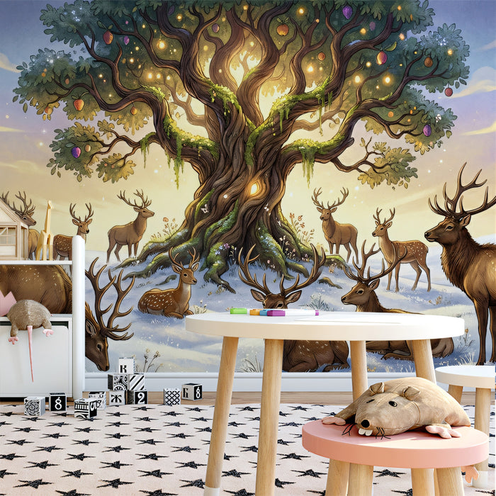 Enchanted Winter Glowing Tree and Deer Wall Mural Custom Size, Peel and Stick or Non-Woven, Magical Forest Wallpaper for Kids Room or Nursery