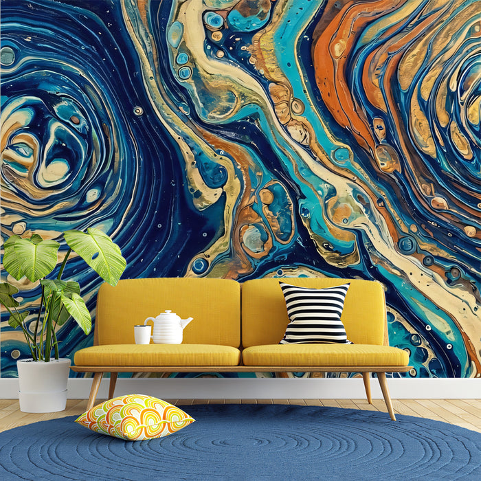 Vibrant Fluid Art Blue and Orange Swirls Wall Mural Custom Size, Peel and Stick or Non-Woven, Modern Abstract Paint Wallpaper for Entryway
