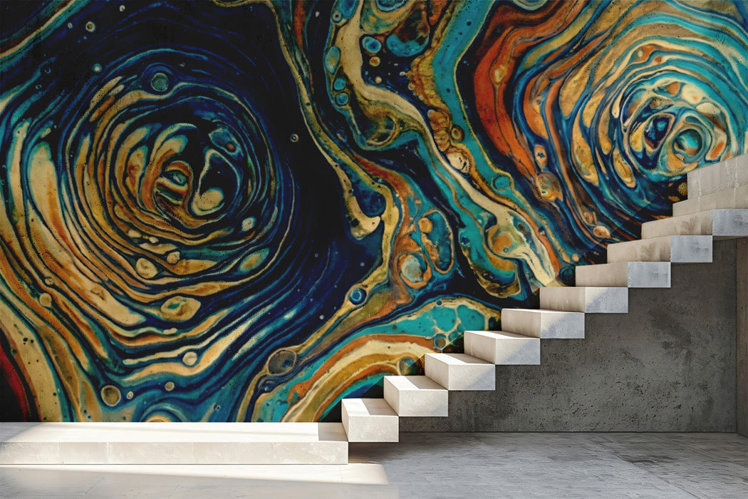 Vibrant Fluid Art Blue and Orange Swirls Wall Mural Custom Size, Peel and Stick or Non-Woven, Modern Abstract Paint Wallpaper for Entryway