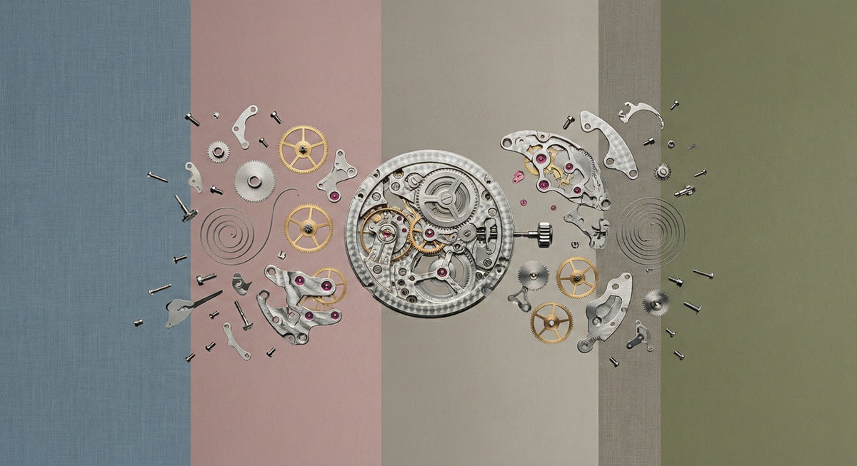 Modern Exploded Watch Movement Knolling Wall Mural Custom Size, Peel and Stick or Non-Woven, Industrial Mechanical Wallpaper for Bedroom or Study