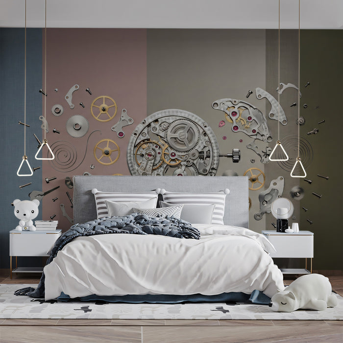Modern Exploded Watch Movement Knolling Wall Mural Custom Size, Peel and Stick or Non-Woven, Industrial Mechanical Wallpaper for Bedroom or Study