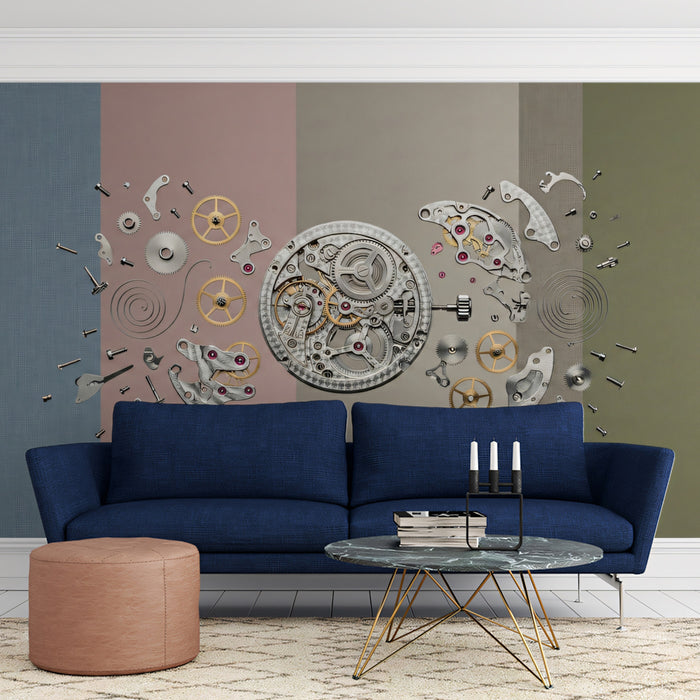 Modern Exploded Watch Movement Knolling Wall Mural Custom Size, Peel and Stick or Non-Woven, Industrial Mechanical Wallpaper for Bedroom or Study