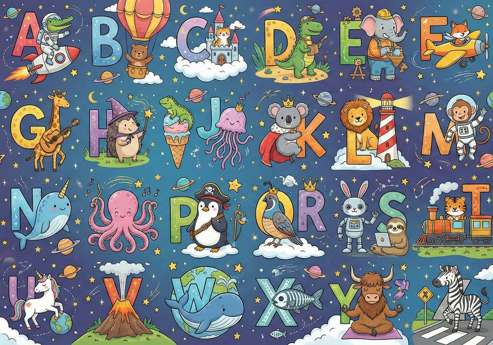 Playful Space and Magic Animal Alphabet Wall Mural Custom Size, Peel and Stick or Non-Woven, Vibrant Educational Wallpaper for Kids Room and Nursery and Playroom