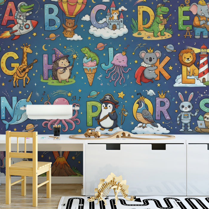 Playful Space and Magic Animal Alphabet Wall Mural Custom Size, Peel and Stick or Non-Woven, Vibrant Educational Wallpaper for Kids Room and Nursery and Playroom