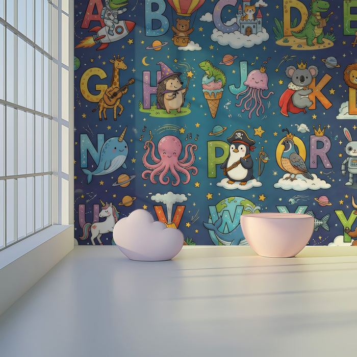 Playful Space and Magic Animal Alphabet Wall Mural Custom Size, Peel and Stick or Non-Woven, Vibrant Educational Wallpaper for Kids Room and Nursery and Playroom