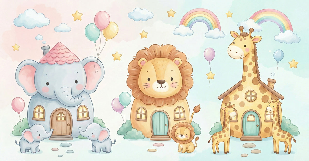 Cute Animal House Village Wall Mural Custom Size, Peel and Stick or Non-Woven, Pastel Nursery Illustration Wallpaper for Kids Room and Playroom