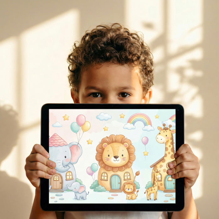 Cute Animal House Village Wall Mural Custom Size, Peel and Stick or Non-Woven, Pastel Nursery Illustration Wallpaper for Kids Room and Playroom