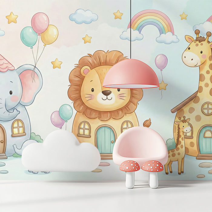 Cute Animal House Village Wall Mural Custom Size, Peel and Stick or Non-Woven, Pastel Nursery Illustration Wallpaper for Kids Room and Playroom