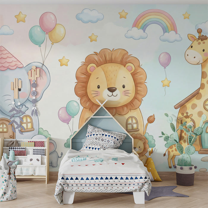 Cute Animal House Village Wall Mural Custom Size, Peel and Stick or Non-Woven, Pastel Nursery Illustration Wallpaper for Kids Room and Playroom