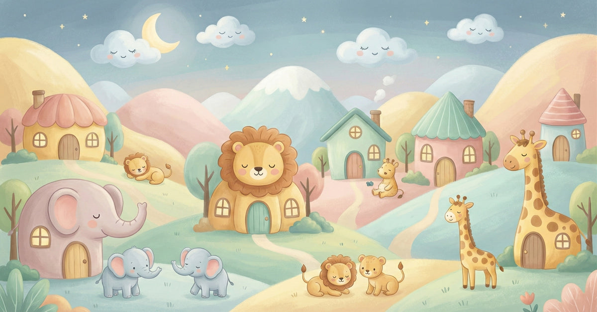 Pastel Safari Animal Village Landscape Wall Mural Custom Size, Peel and Stick or Non-Woven, Sweet Nursery Wallpaper for Kids Room and Playroom